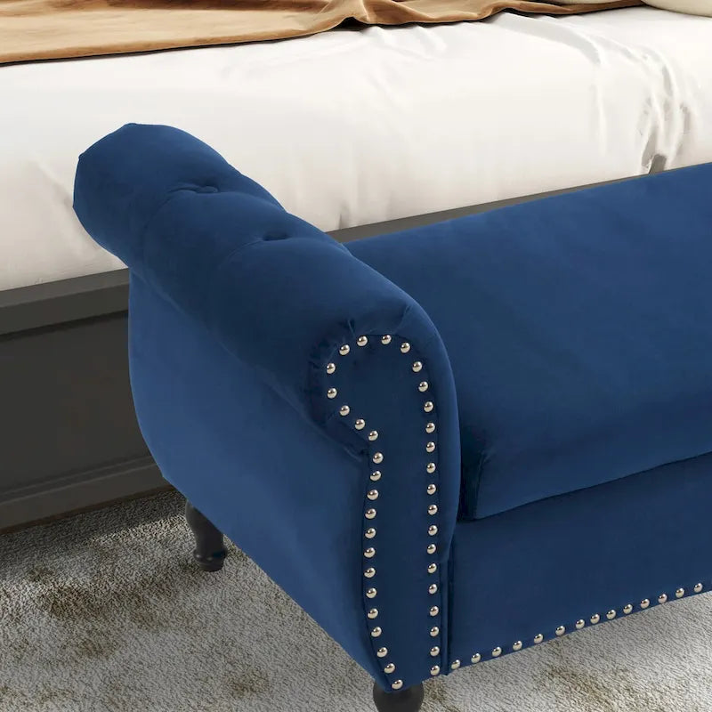 Banc de rangement ottoman en velours gris/beige/rose/bleu marine, une place, avec coussin