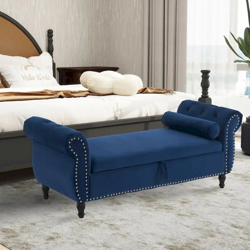 Banc de rangement ottoman en velours gris/beige/rose/bleu marine, une place, avec coussin