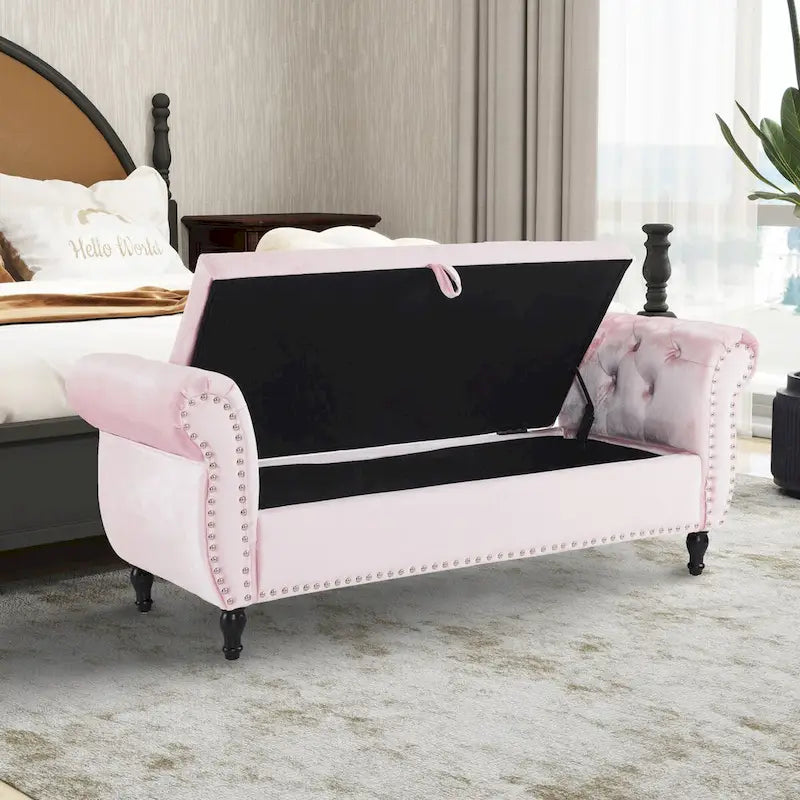 Banc de rangement ottoman en velours gris/beige/rose/bleu marine, une place, avec coussin