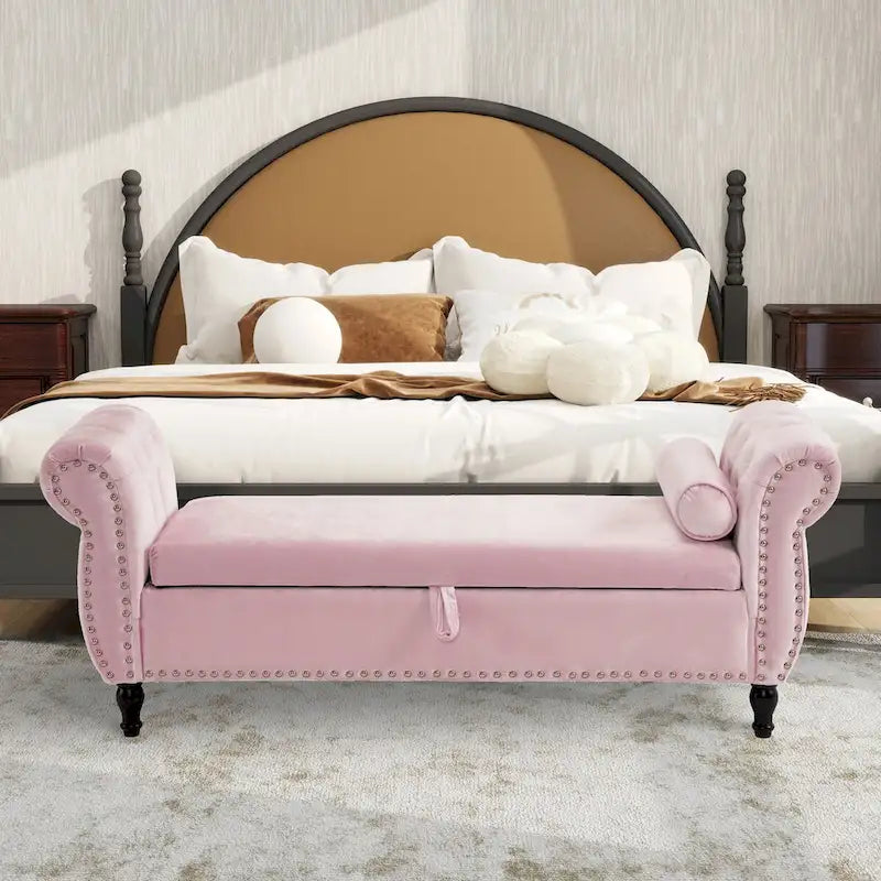 Banc de rangement ottoman en velours gris/beige/rose/bleu marine, une place, avec coussin