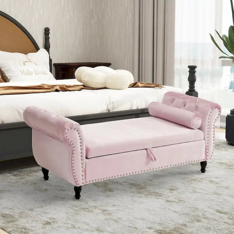 Banc de rangement ottoman en velours gris/beige/rose/bleu marine, une place, avec coussin