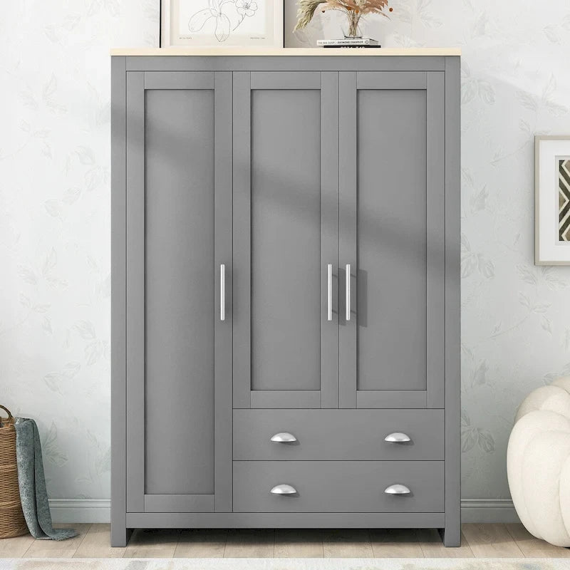 Armoire grise 3 portes avec 2 tringles et 2 tiroirs, montage par une personne