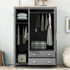 Armoire grise 3 portes avec 2 tringles et 2 tiroirs, montage par une personne