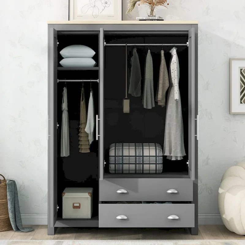 Armoire grise 3 portes avec 2 tringles et 2 tiroirs, montage par une personne
