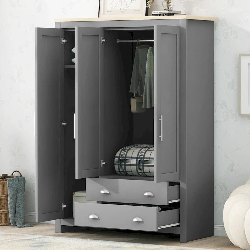 Armoire grise 3 portes avec 2 tringles et 2 tiroirs, montage par une personne