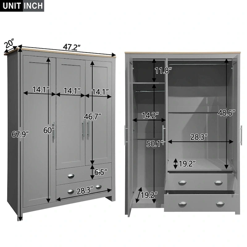 Armoire grise 3 portes avec 2 tringles et 2 tiroirs, montage par une personne