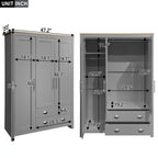 Armoire grise 3 portes avec 2 tringles et 2 tiroirs, montage par une personne