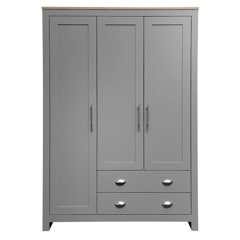 Armoire grise 3 portes avec 2 tringles et 2 tiroirs, montage par une personne