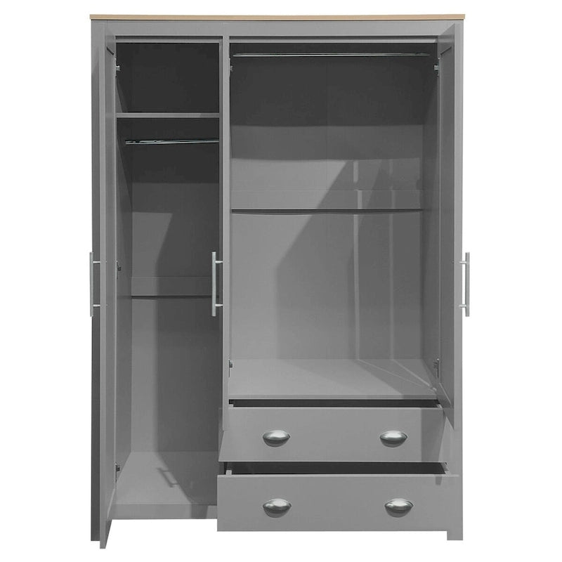 Armoire grise 3 portes avec 2 tringles et 2 tiroirs, montage par une personne