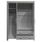 Armoire grise 3 portes avec 2 tringles et 2 tiroirs, montage par une personne