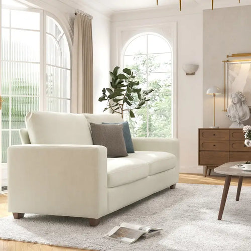 Canapé 3 places en chenille beige avec accoudoirs carrés