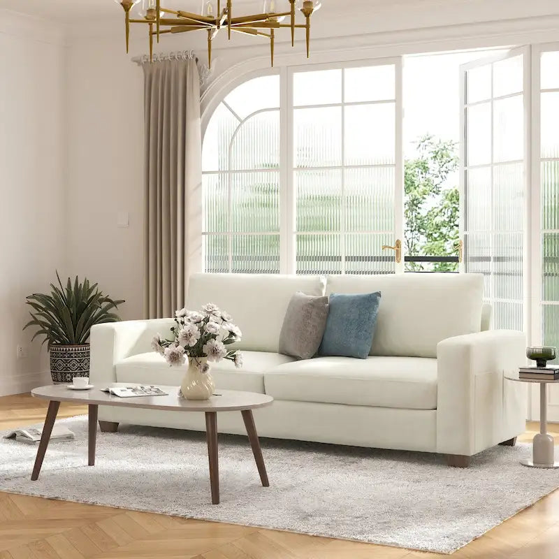 Canapé 3 places en chenille beige avec accoudoirs carrés