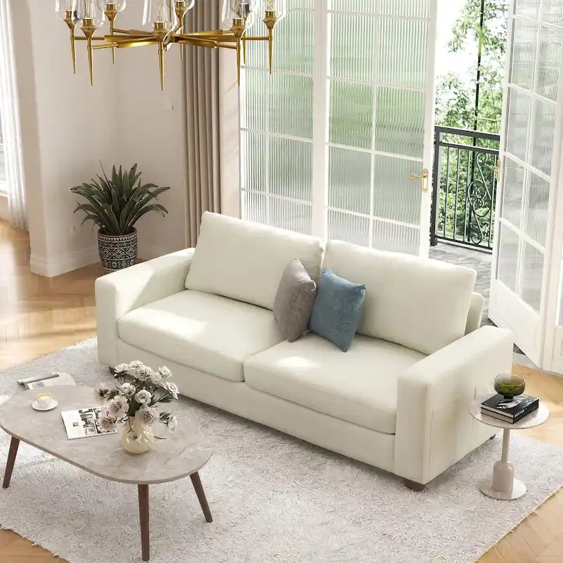 Canapé 3 places en chenille beige avec accoudoirs carrés