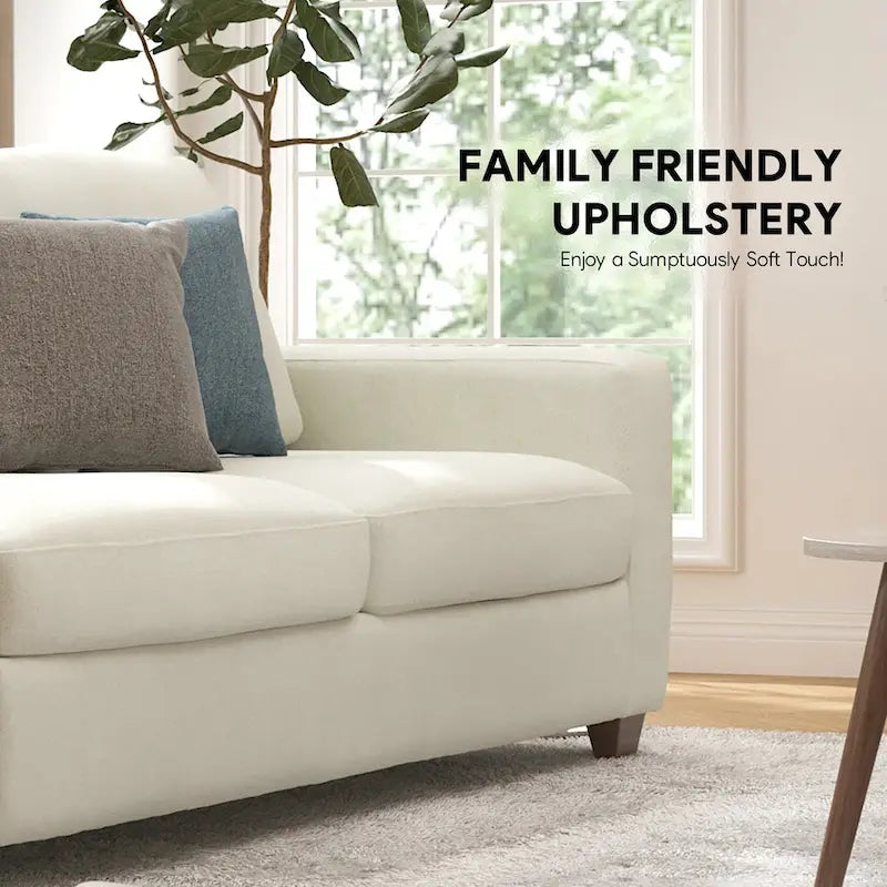 Canapé 3 places en chenille beige avec accoudoirs carrés