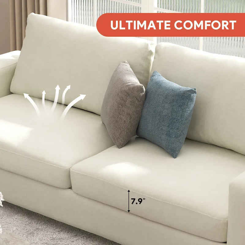 Canapé 3 places en chenille beige avec accoudoirs carrés