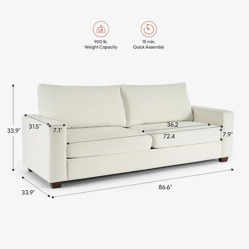 Canapé 3 places en chenille beige avec accoudoirs carrés