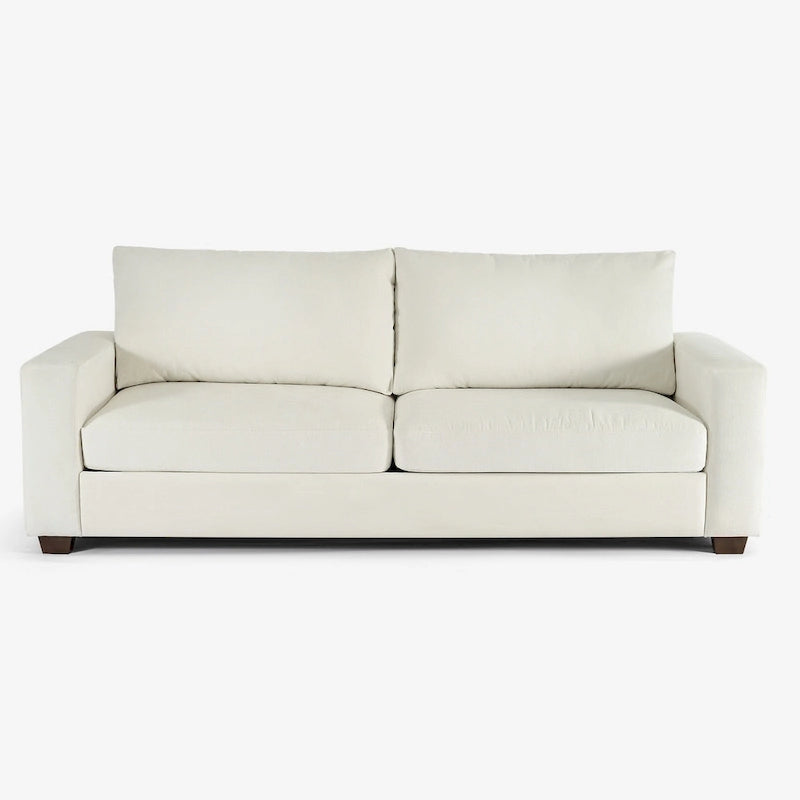 Canapé 3 places en chenille beige avec accoudoirs carrés